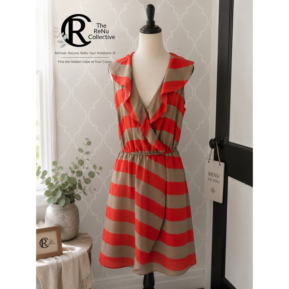 BCBGeneration Striped Ruffle V-Neck Faux Wrap Dress Coral Taupe Size S